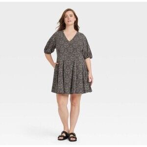 NWT Universal Thread Elbow Sleeve Mini A-Line Dress Black Floral- Size XXL